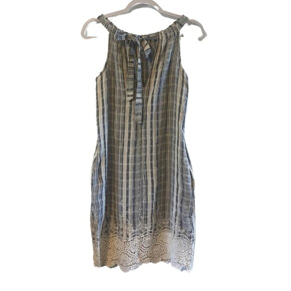 Hope and Harlow Halter Shift Dress 4 Stripe Boho Floral Embroidered Crochet Lace - Picture 2 of 7